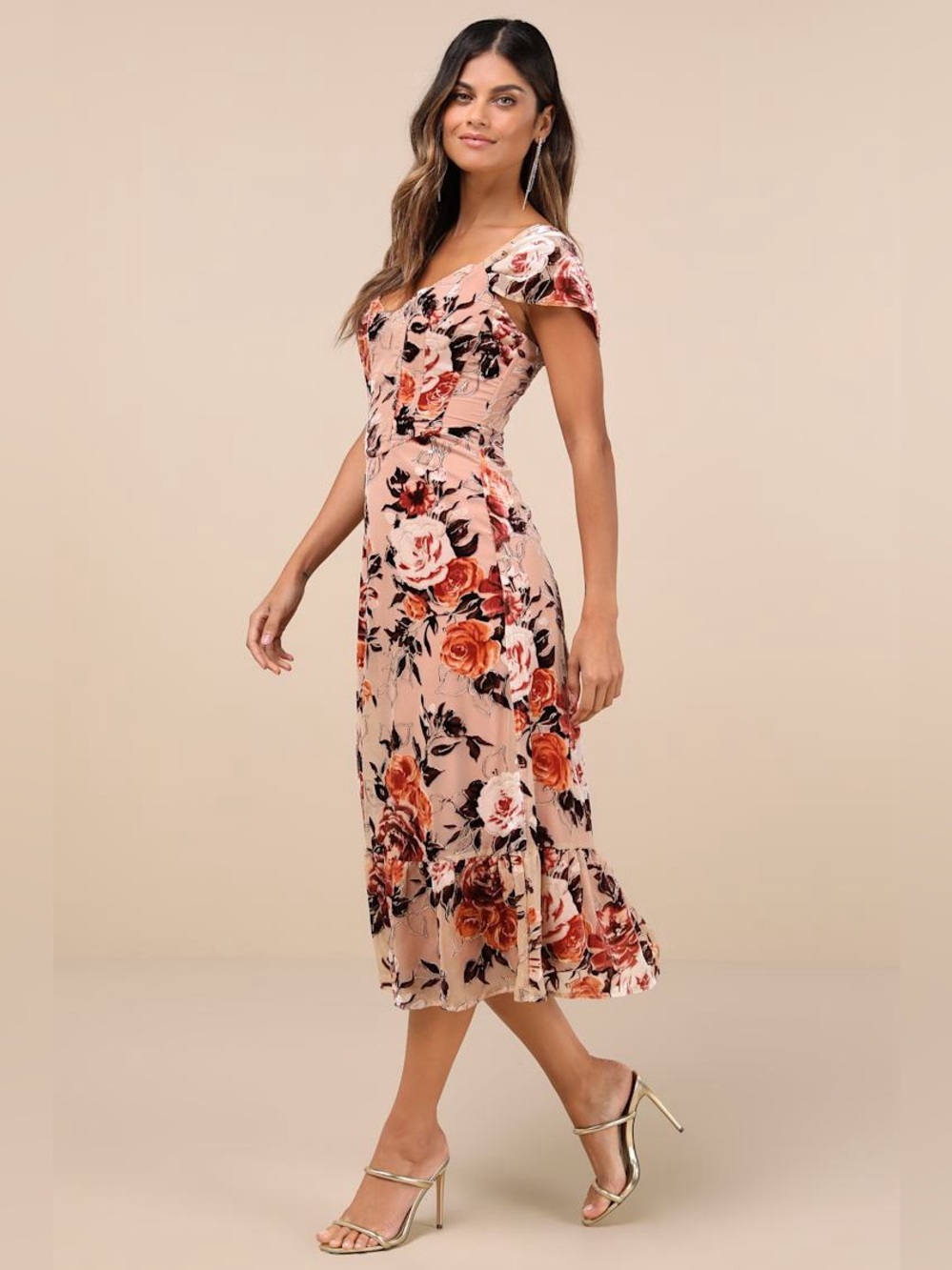 NWT Lulus Composed Beauty Blush Pink Burnout Velvet Floral Midi Dress Size Small - Picture 2 of 9